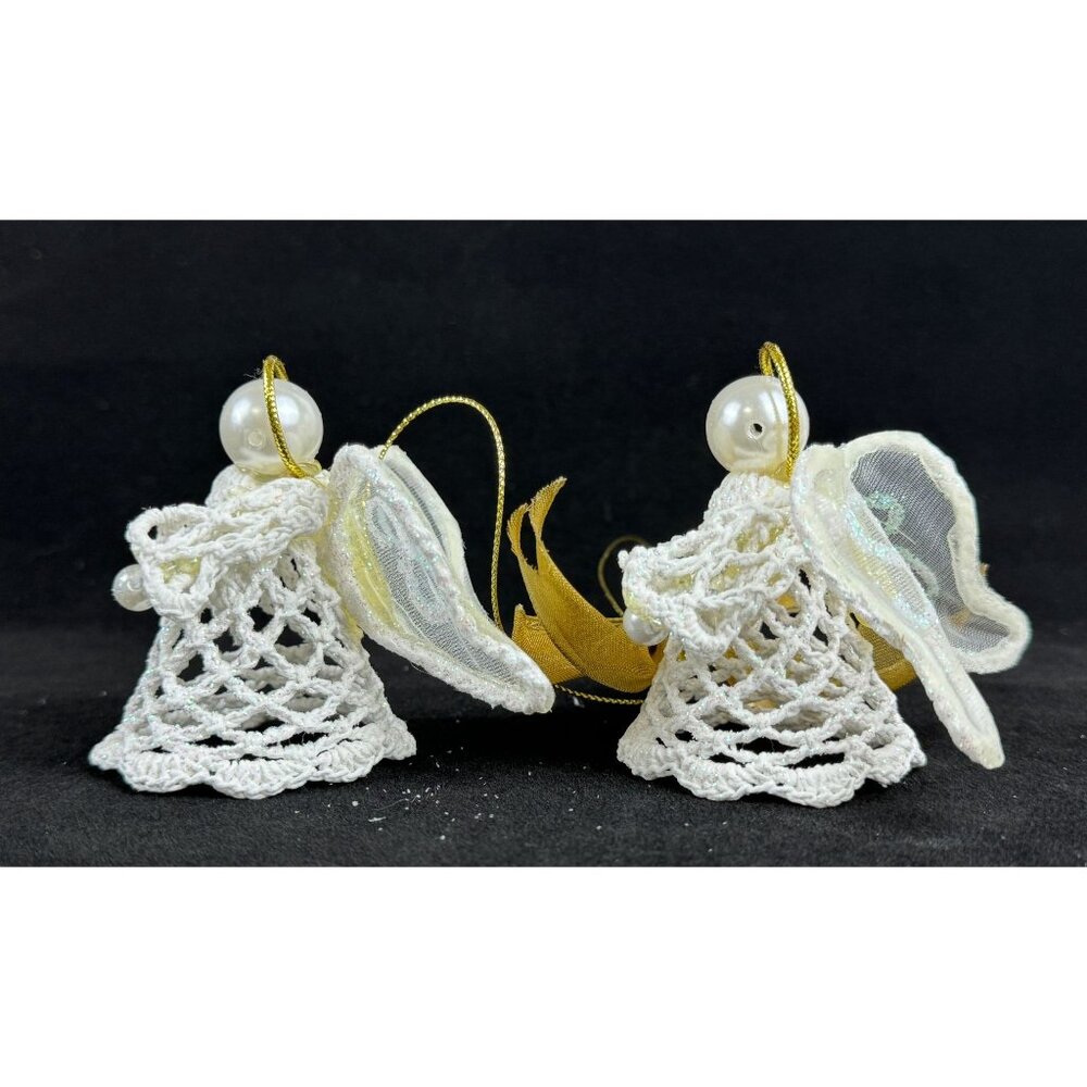 Avon Crocheted Lace Ornament Angels 13 inches White Gold Bow in Box F32908-1 - Picture 4 of 15